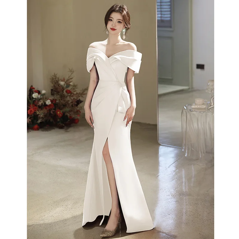 adult ceremony banquet high-end annual meeting dress long skirt French Simple Temperament Prom Robe Split Floor Length Vestidos