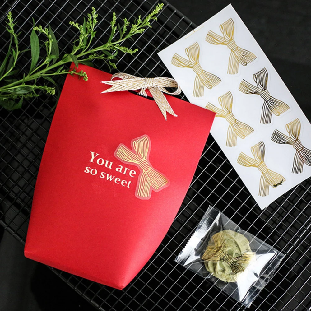 60Pcs/lot Cute Golden Big Bow Sticker Gold Handmade Adhesive Cake Sweet Candy Packaging Sealing Label Sticker Gift Stationery