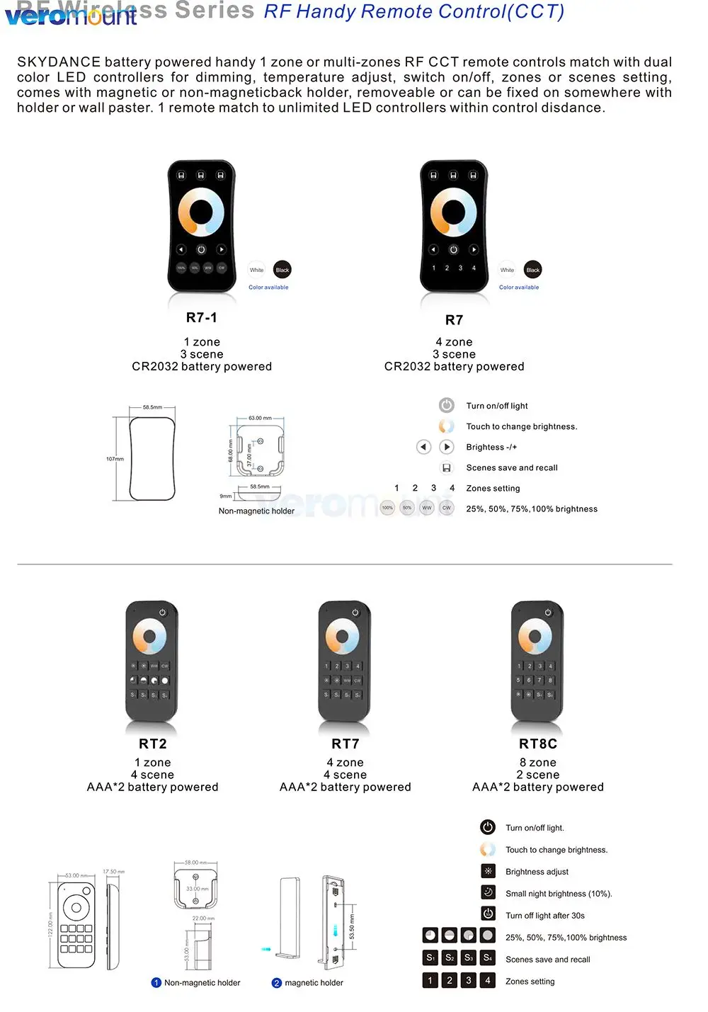 Skydance R7 R7-1 RT2 RT7 RT8C R12 R2 RS2 RK4-2 1 4 8 zonas 2,4G inalámbrico RF temperatura de Color control remoto manual para uso del controlador CCT