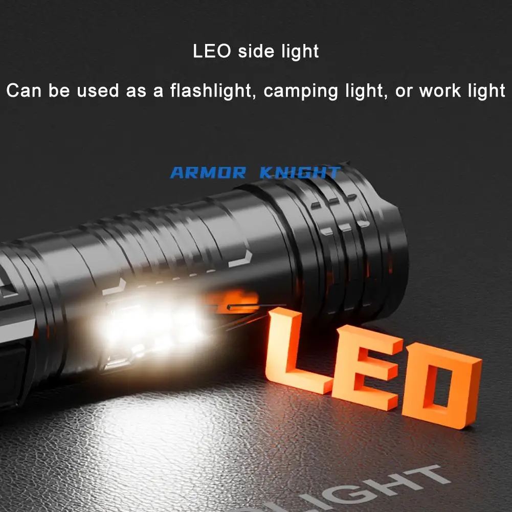 Super Bright LED Flashlight USB Rechargeable High Power Long-range Lantern With Sidelight Lamp Tactical Torch Waterproof Outdoor