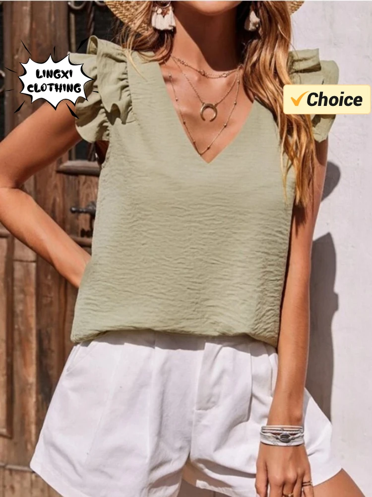 2024 Summer Elegant Short Solid Color Shirt V-neck Ruffle Edge High Elastic Pleated Casual Top Vacation Summer Women\'s T-shirt