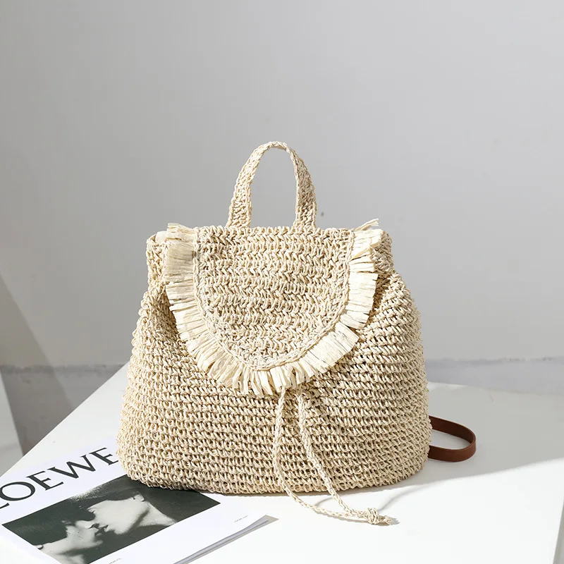 Women Backpack Straw Weaving Tassel Decoration Solid Color Fresh Simple Casual Daily Versatile Large Capacity Beach Vacation Bag