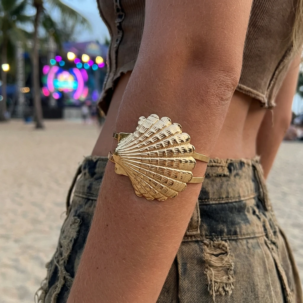 Dainty Bohemian Seashell Upper Arm Cuff Bracelet for Women Elegant Gold Plated Adjustable Open Bracelet Summer Jewelry Gift