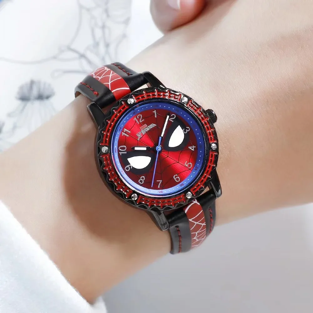 Spider Man Watch Cartoon Waterproof Luminous Pointer Quartz Watch Leather Watchband Boys Watch Children Birthday Christmas Gifts