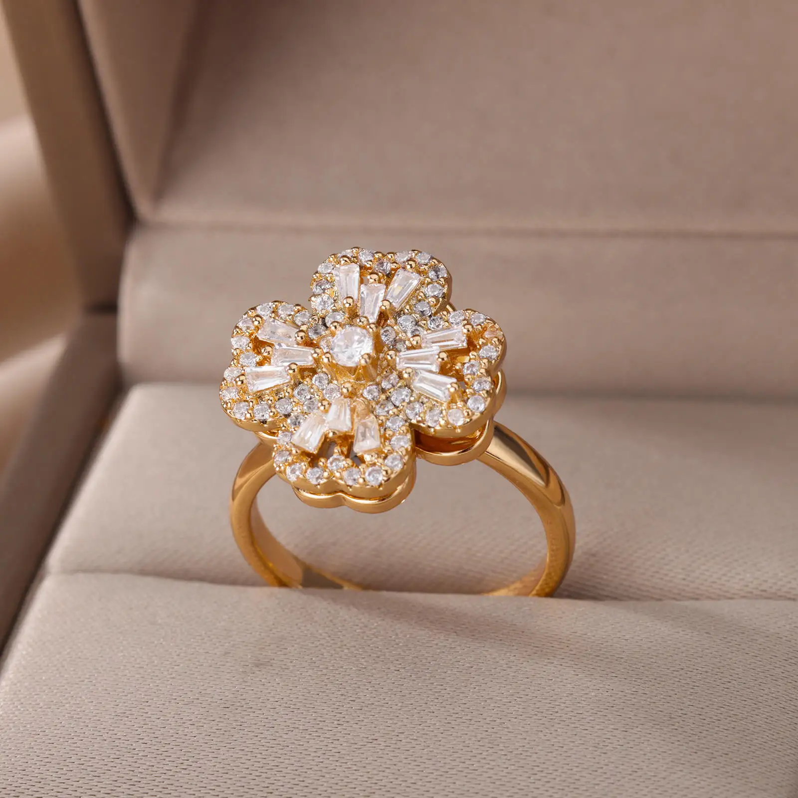 Zircon Four-Clover Rings For Women Adjustable Gold Color Anti Stress Anxiety Fidget Rings Fashion Jewelry Gift