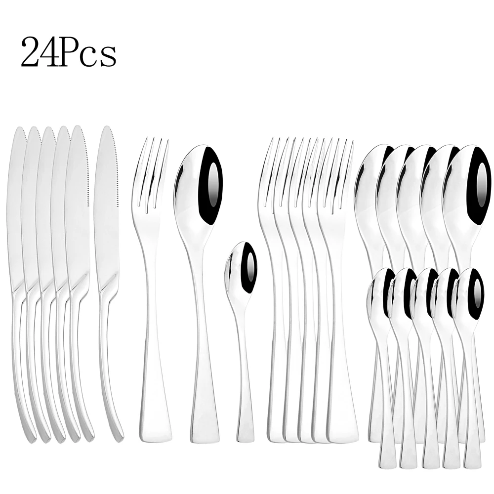 

24Pcs Silver Cutlery Set Mirror Western Dinnerware Set Stainless Steel Kitchen Fork Knife Spoon Flatware Wedding Tableware Set