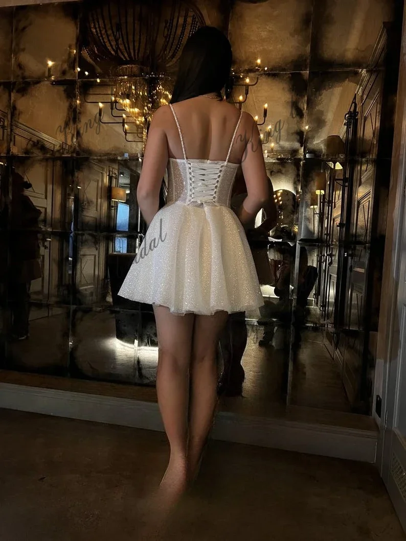 فساتين زفاف قصيرة من Elopement، فستان زفاف مشد، فستان زفاف بسيط لامع، فستان كوكتيل للحفلات الراقصة