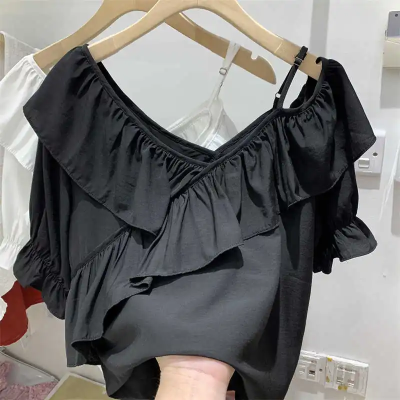 Estilo francês senhoras mangas curtas verão solto decote em v mangas de folha de lótus topo cor sólida casual deslocamento halter