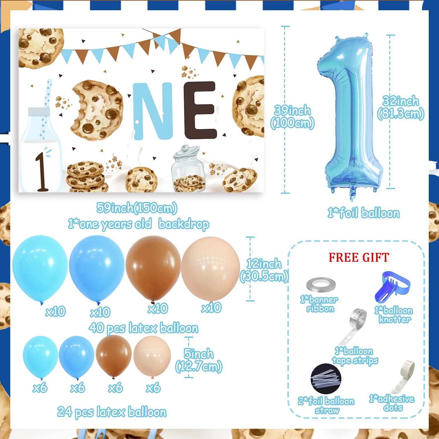 First Birthday Party Decorations for Kids, Blue and Brown Balloon Garland Kit, Milk Backdrop, Cookies Milk Theme