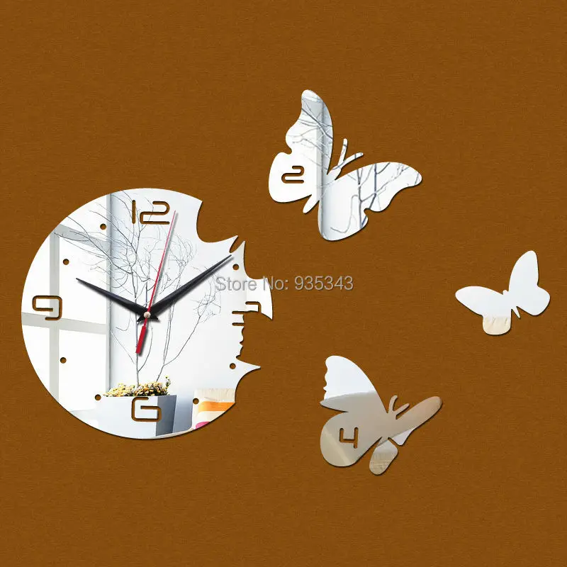 New Big Butterflies Round Wall Clock DIY Quartz Watch Acrylic Mirror 3D Stickers for Living Room Europe Needle Horloge Murale