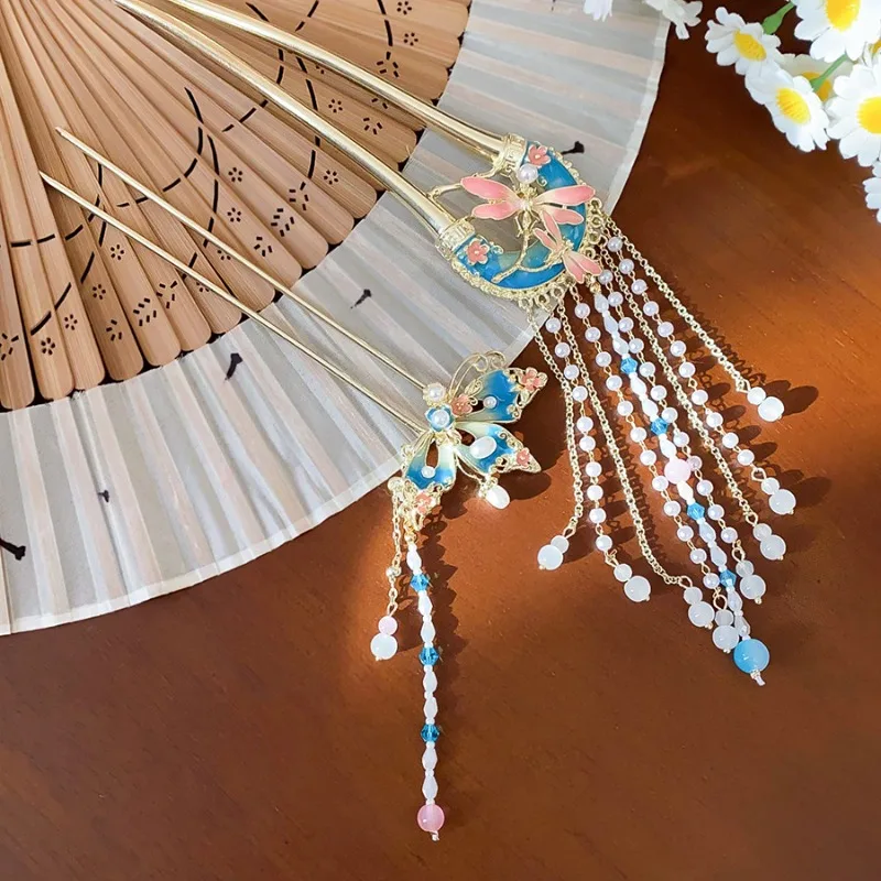 الأزرق الوردي النفط يقطر فراشة دبابيس الشعر للنساء الرجعية اليعسوب الزجاج شرابة U-شكل شوكة الشعر تقليد اللؤلؤ الشعر العصي V