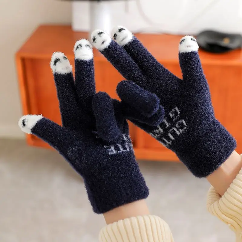 Thick Warm Knitted Touchscreen Gloves Cute Cartoon Design Soft Elastic Winter Half Finger Glove for Playing Phone Cold Weather