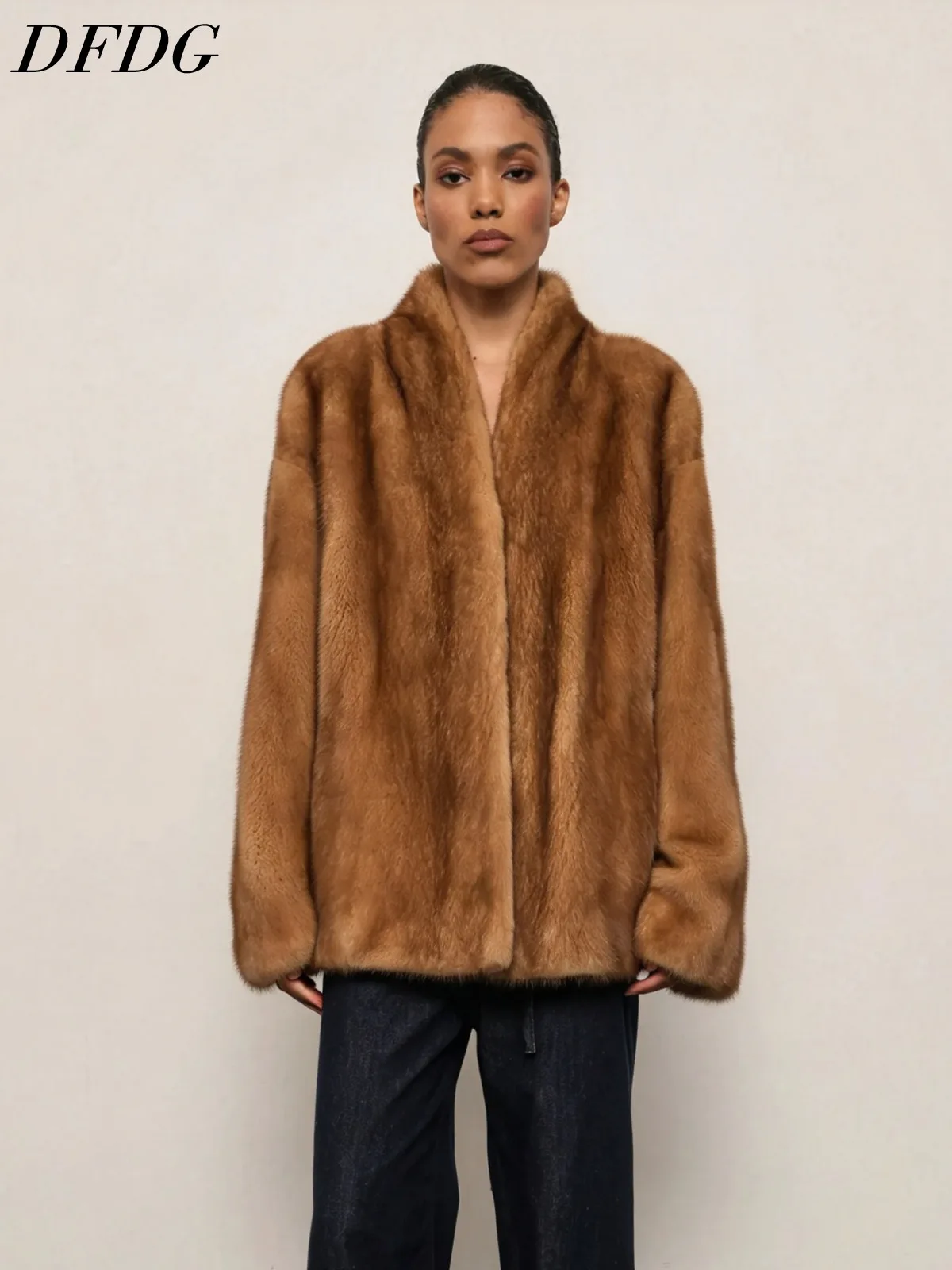 DFDG Women Faux Mink Fur Coat V Neck Collarless Open Front Loose Fit Thick Warm Luxury Winter Fashion Outerwear Fashion Fur