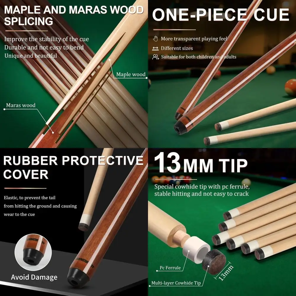 

Set of 6 Pool Cues: 36-57 Lengths, 13mm Tips, Maple & Maras Wood, Ideal for Adults, Kids, Beginners, Compact Pool Tables