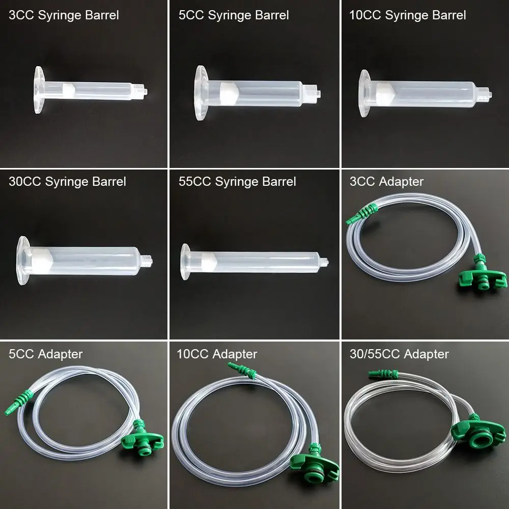 Seringa para cola distribuidor bocal, Dispensador líquido, Helix Luer Lock Dicas, Seringa Barril Agulha, 3cc, 5cc, 10cc, 30cc, 55cc