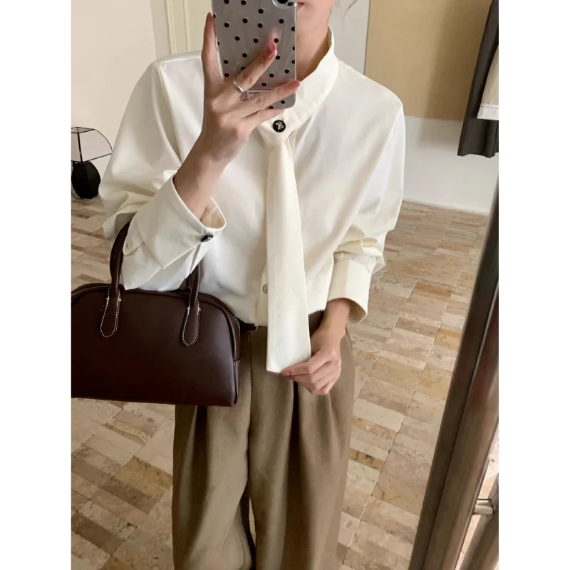 

French Blouse Women Elegant Tie Detail Long Sleeve Loose Cropped Top