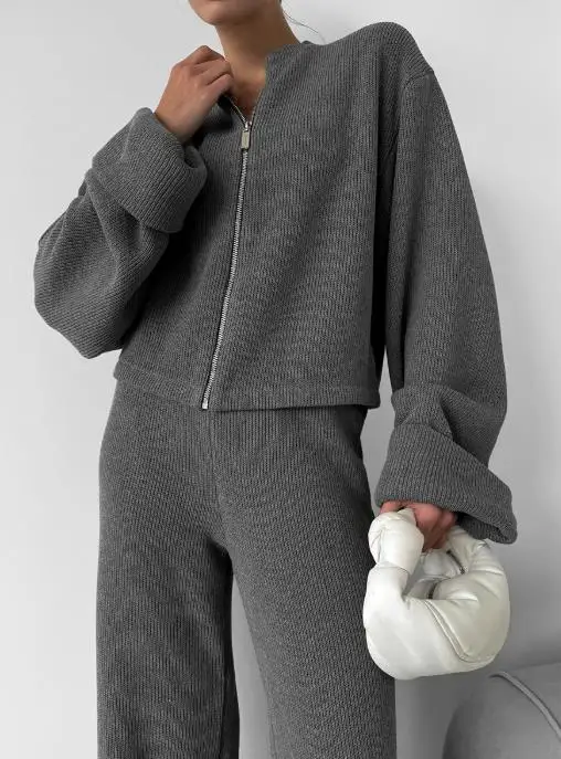 

Two Piece Set Women Outfit 2025 Spring Autumn New Solid Color Round Neck Knitted Long Sleeved Zipper Jacket & Wide Leg Pants Set