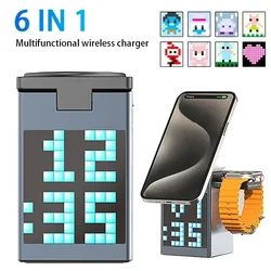 6 in 1 Magnetic Wireless Charger Multifunction with Bluetooth Speaker Alarm Clock for Iphone 16 15 Pro Max for Airpods 2 Iwatch