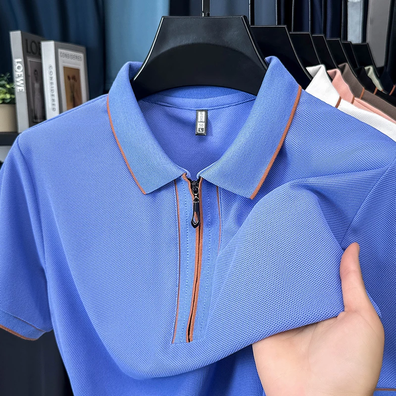 High-End-Qualität, neues modisches Poloshirt mit Reißverschluss, lässig, Sommer, kurzärmelig, weich, einfarbig, Revers, T-Shirt, Top, Herrenbekleidung