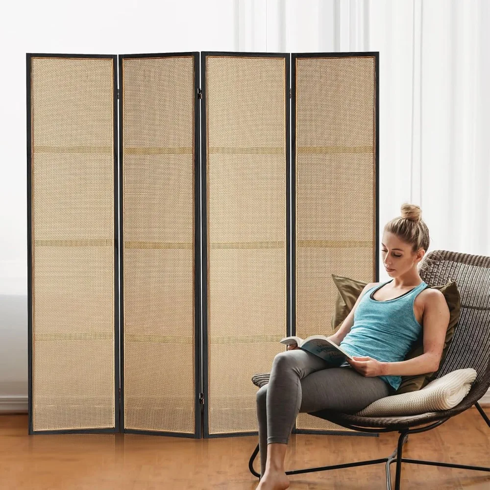 

4 Panels Wood Room Divider, Hand-Woven Rattan Room Dividers Panel and Folding Privacy Screens, Room Divider Wall Freestanding