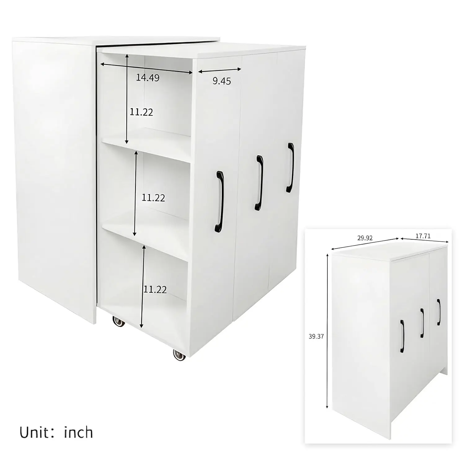 White Bookcase 3 Pull-Out Shelves, 3-Tier Shelf with Wheels, Rolling Storage Books Files, Office Bedroom Living Room, Customized
