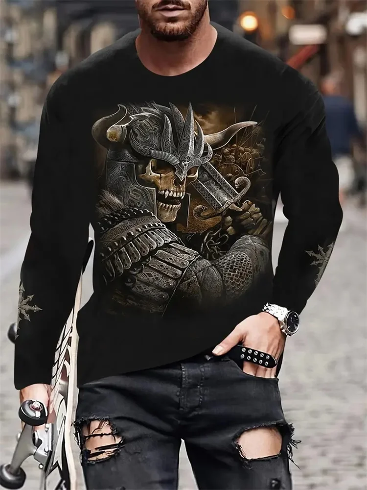 Fall 2024 New Vintage Warrior Print Round Neck Long Sleeve Men's T-shirt Outdoor Street Fashion Long Sleeve Daily Casual