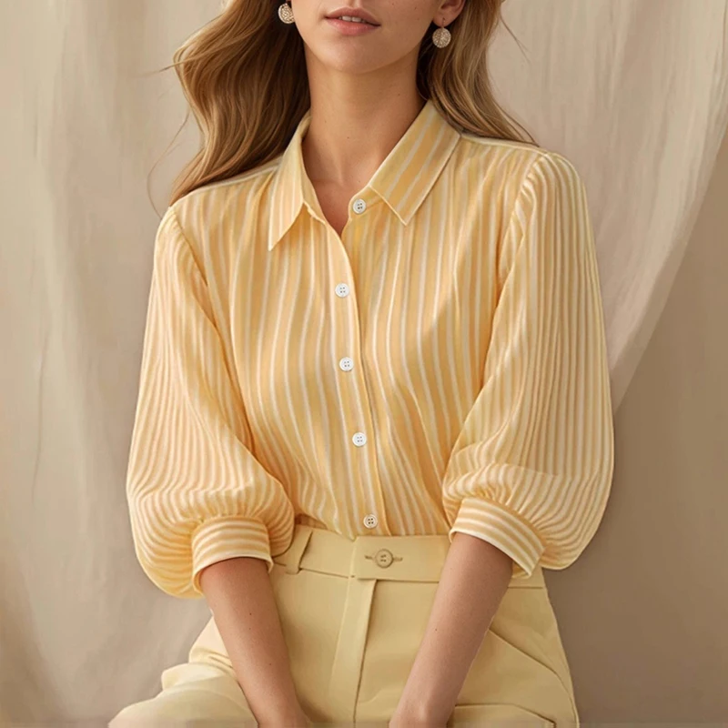 

OMSJ Lady Temperament Blouse Puff Sleeve Striped Turn-down Neck Contrast Color Casual Button Commuting Street Women's Chic Shirt