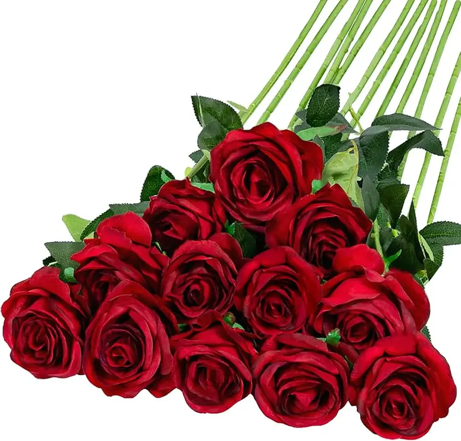 

12PCS Artificial Silk Flowers Realistic Roses Bouquet Long Stem for Home Wedding Decoration Party (Wine Red 1)