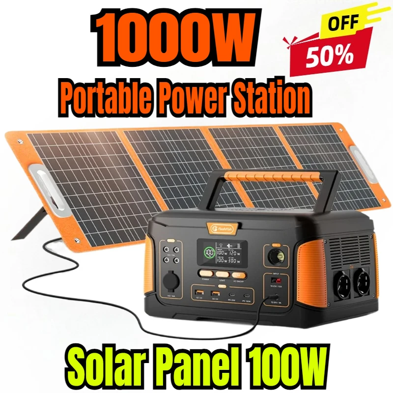 

1000W Portable Power Station 932Wh Solar Generator Battery with Solar Panel 100W Complete Kit for Home Camping EV RV