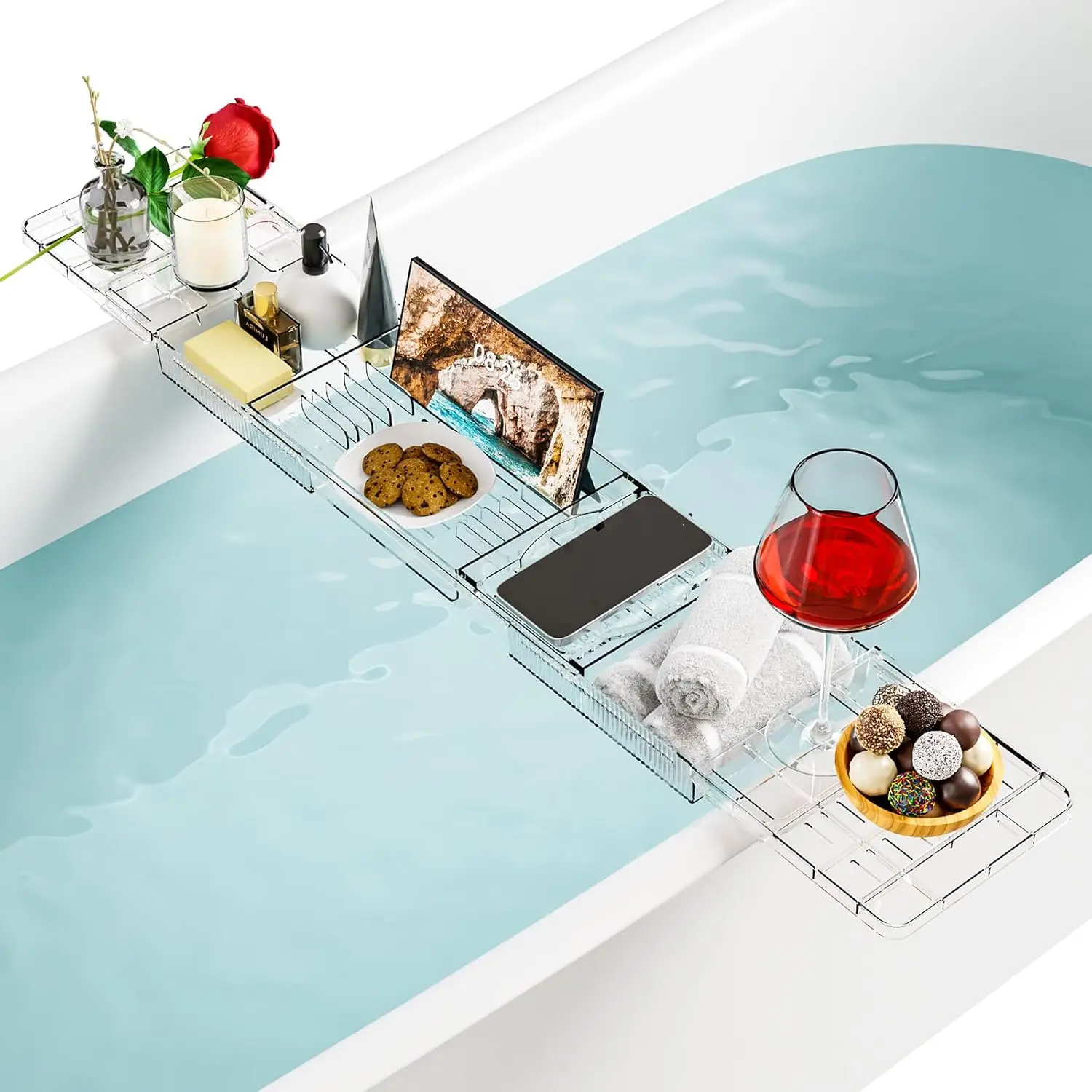 

Luxury Expandable Bathtub Tray, Clear Bath Shelf/Board/Caddy, Ideal for Women's Relaxation, w/ Book & iPad Holder, 1 Pack