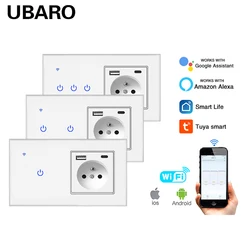 146*86mm FR Smart Home Tuya Wifi Switch Socket Glass Panel Inteligente Sensor Button Work With Google Home Alexa Alice Voice