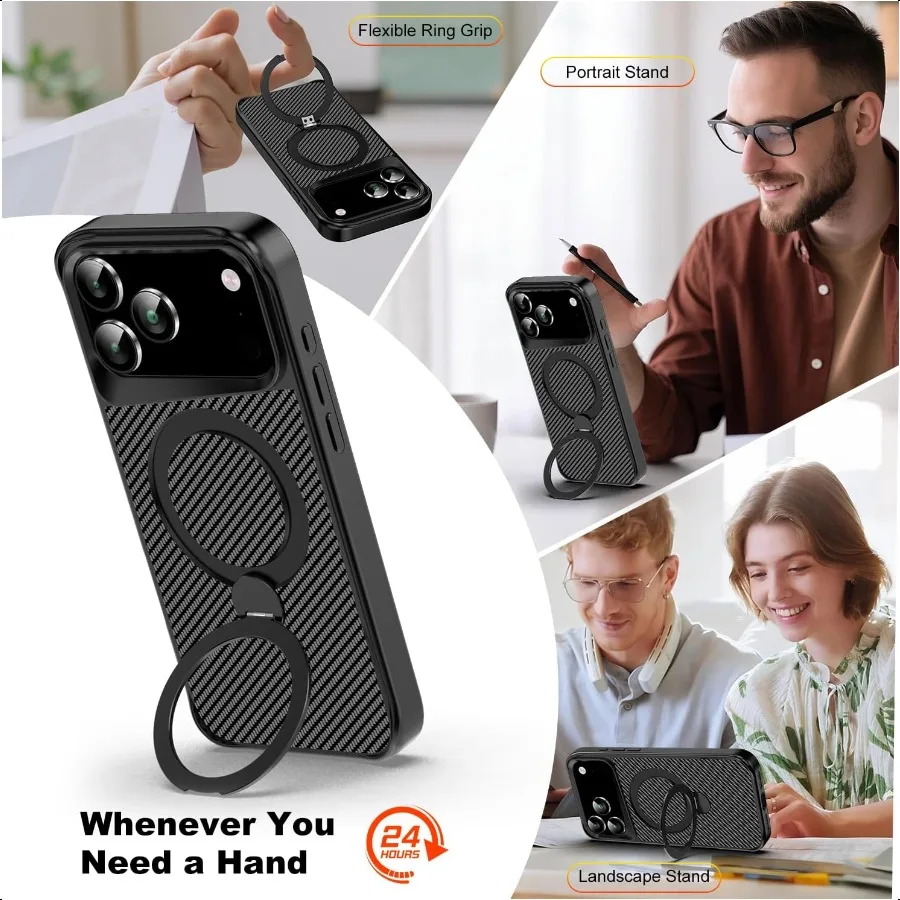 Etui na iPhone 17 Pro Max z magnetycznym stojakiem 360° [Kompatybilne z MagSafe] Ochronne etui z włókna węglowego + 2 sztuki szkła hartowanego