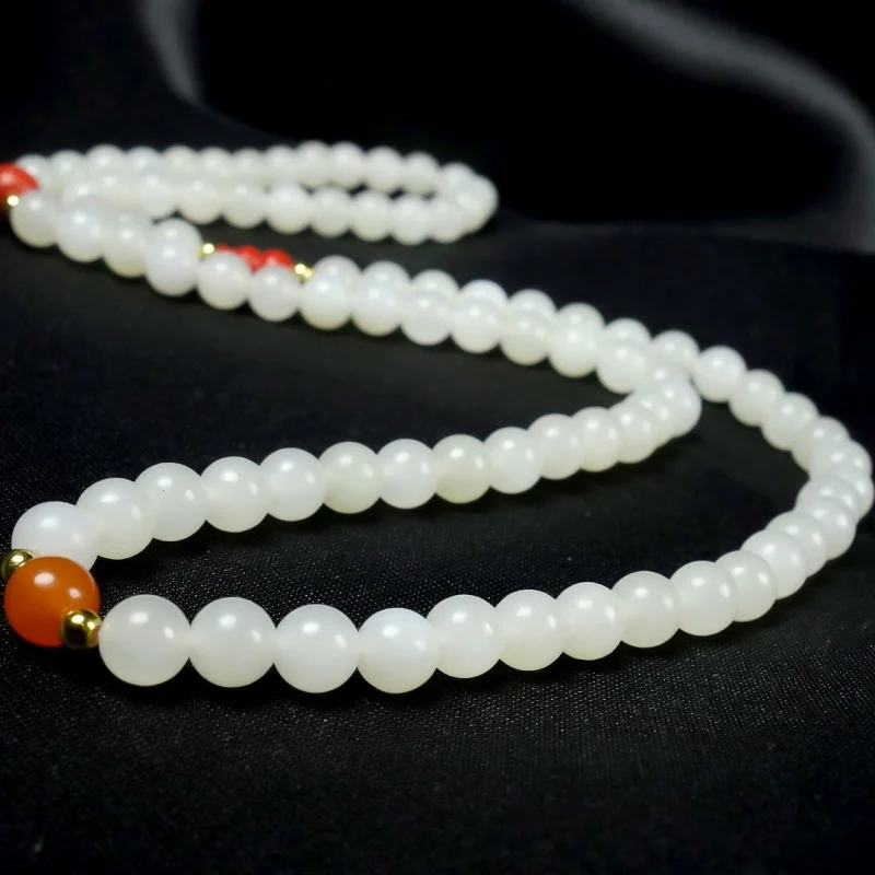 Natural Hetian White Jade Round Bead Three-Strand Bracelet with Gourd and Red Beads