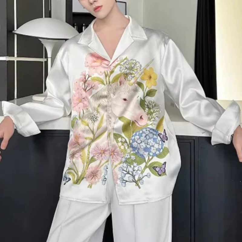 Spring Printed Pearl Studded Long Sleeved Shirt Men Suit Collar Casual Streetwear Shirt Social Nightclub Performance Costumes