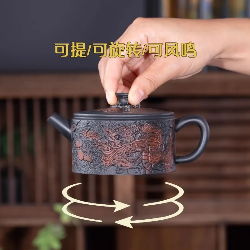 Original Yunnan Purple Pottery Fengming Pot Fully Carved Dragon Han Tile Pot Pure Handmade Teapot Kung Fu Tea Set