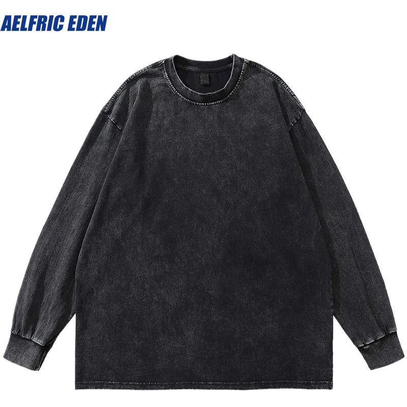 Aelfric Eden Hip Hop Streetwear Washed Black Plain T Shirt Vintage Harajuku T-Shirt Autumn Cotton Long Sleeve Tshirt Solid Color