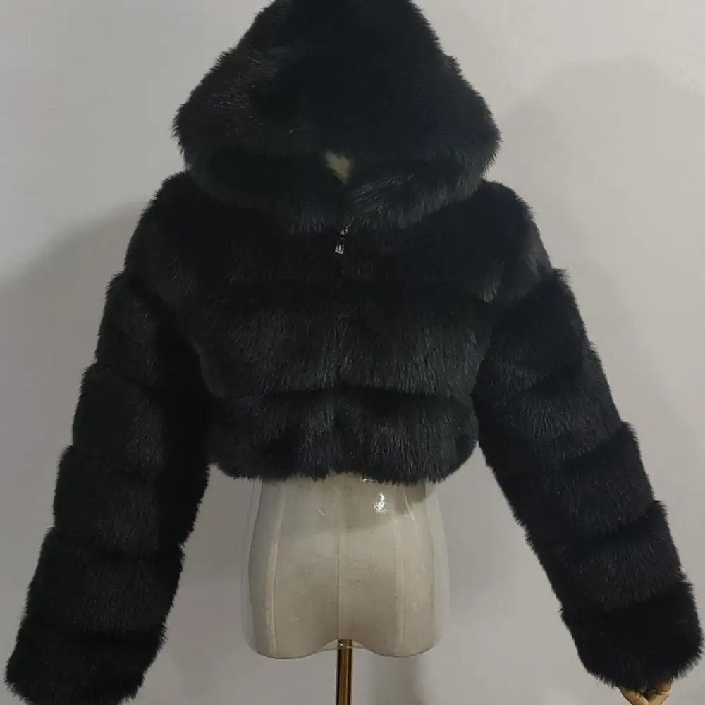 Women Short Faux Fox Fur Fluffy Jacket Cropped Coat Women's Fluffy Zip Hooded Warm Short Jacket Winter Thick Warm Luxury Coats