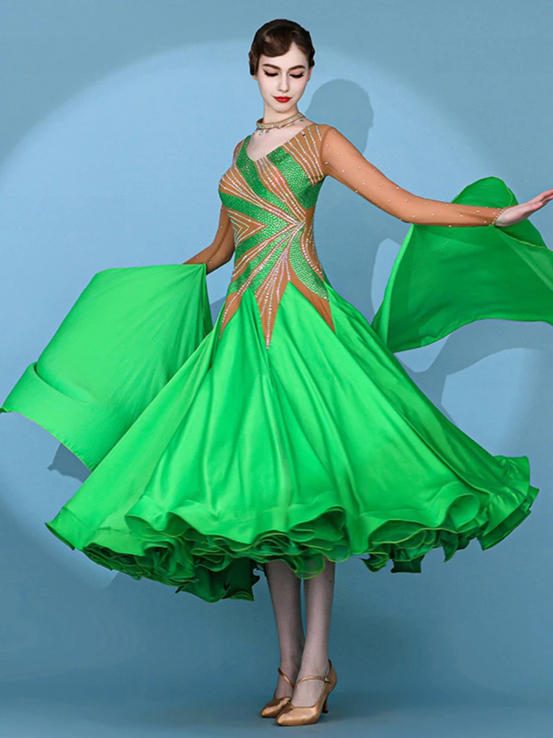 Vestido de dança de salão padrão para mulheres alta verde competição valsa vestidos senhora manga longa flamenco tango dança saia