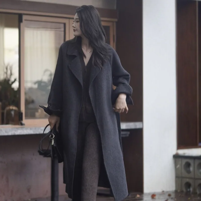 Autumn Winter Double-Sided Velvet Coat Medium Long Korean Version of Lnternet Celebrity Fashion and Thin Woolen Coat Temperament