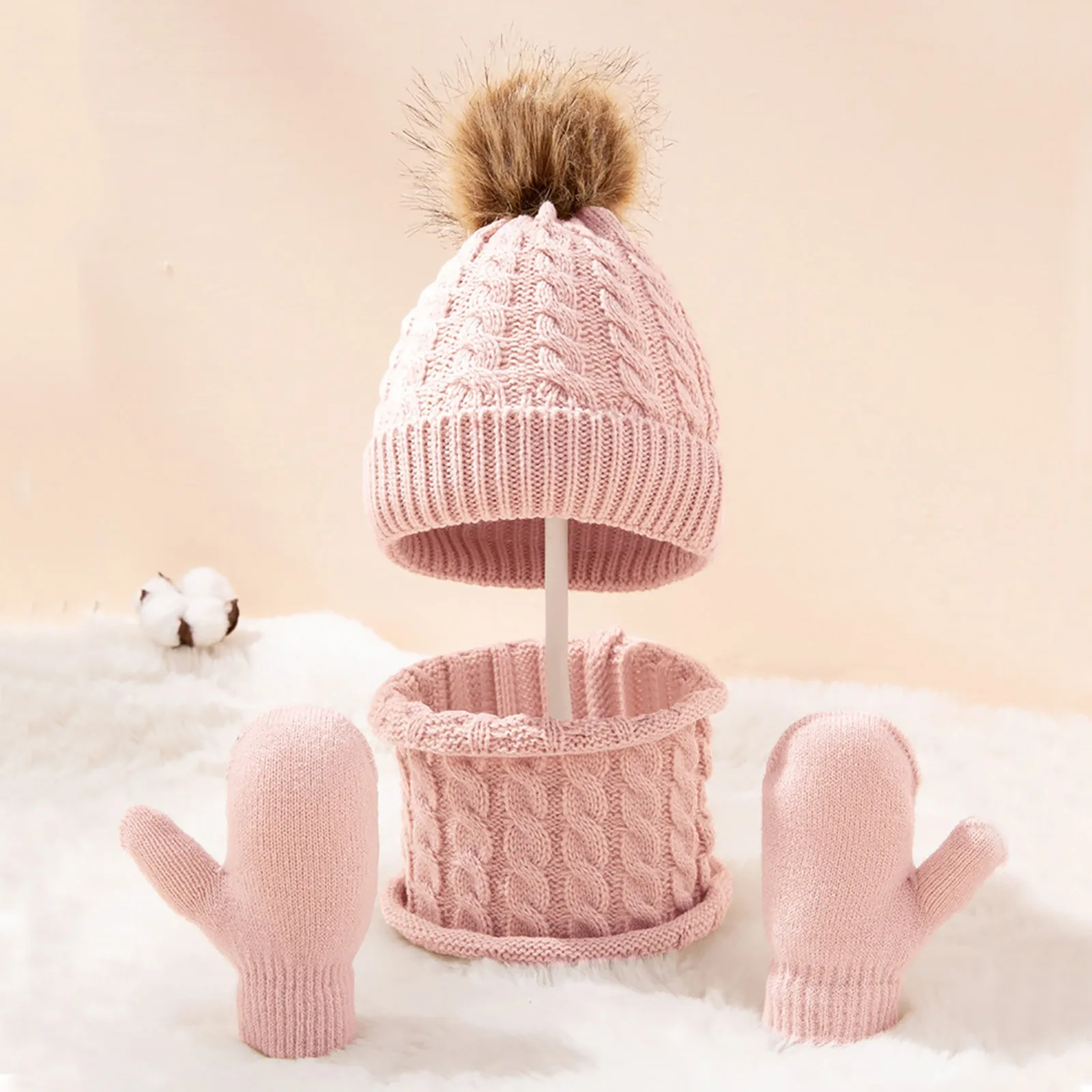 New Winter Hat Scarf Gloves Set for Kids 0-3 Years Boys Girls Children Cotton Warm Pom Poms Hat Sets Solid Color Cute Hat+Scarf