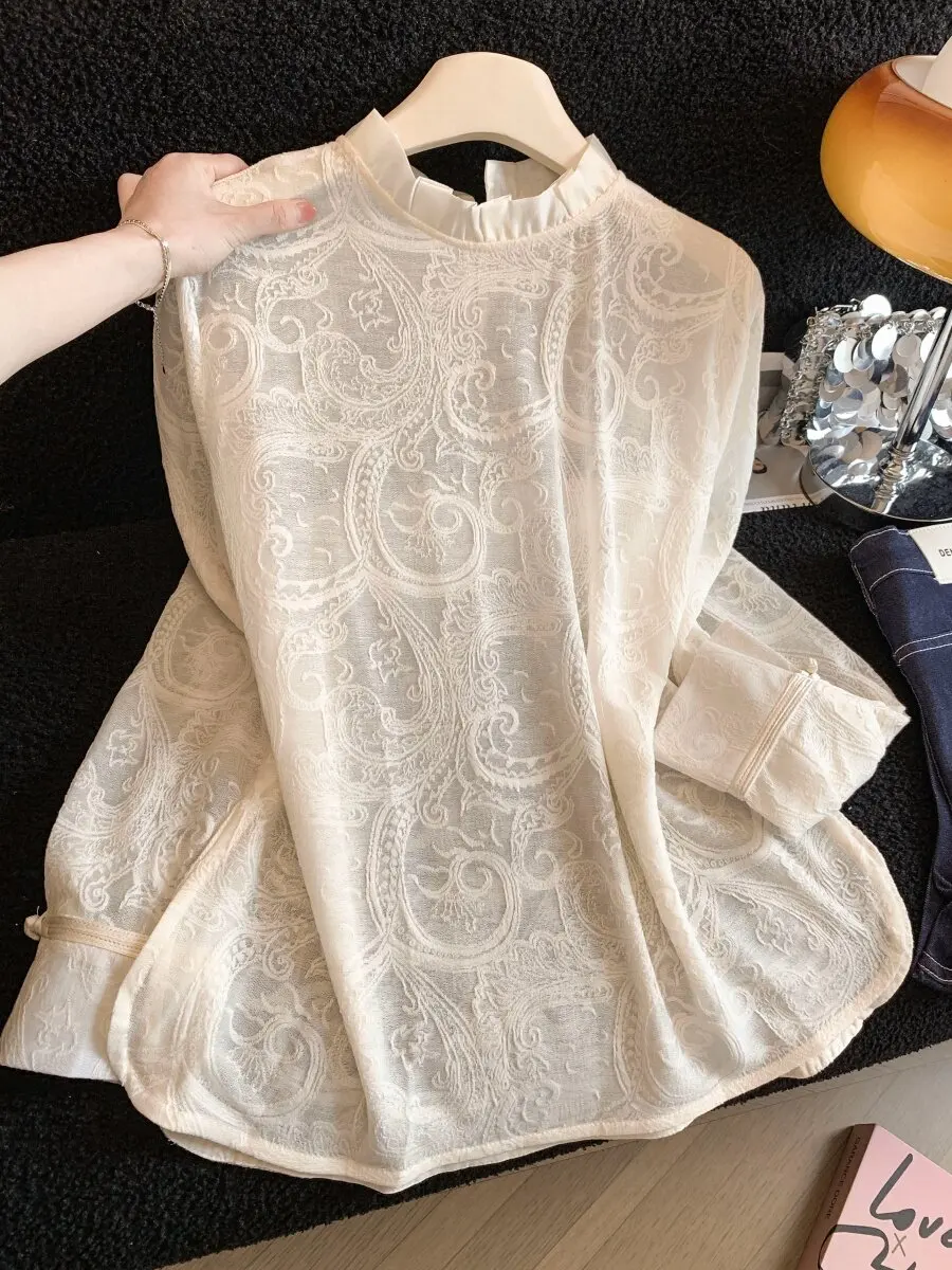 

Ele Long Sve Lace irt Women's High Collar Embroidered Side Slit Faionable Match All Seasons Silk Top for Ladies