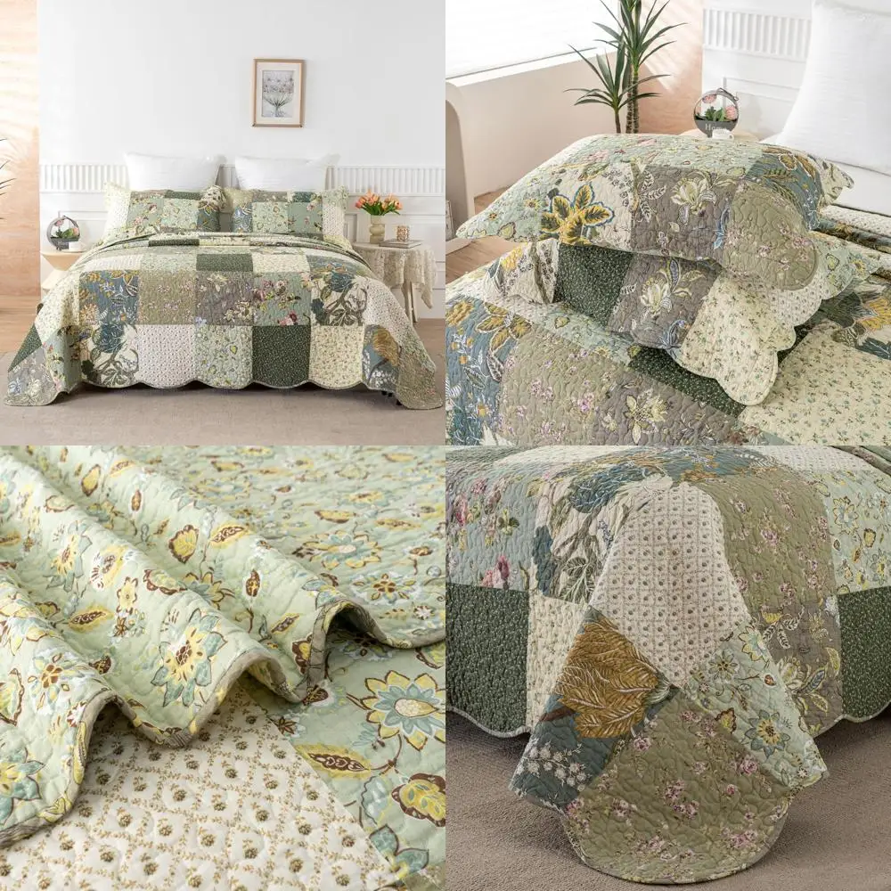 

Queen Size Cotton Patchwork Quilt Set - Reversible Floral Design with Pillow Shams