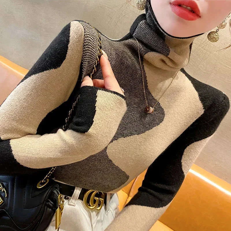 Women Chic Y2k Sweaters, Long Sleeve Turtleneck Elastic Slim Jumper, Fashion Wool Knitwear, Female Vintage Pullovers