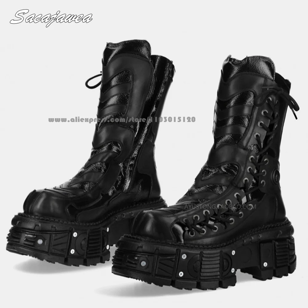 

First Cowhide Leather 8CM Heel Mid Calf Motorcycle Boots Size 35-45 Front Lace Up Cool Girl Boots Punk Metal Rivet Casual Shoes