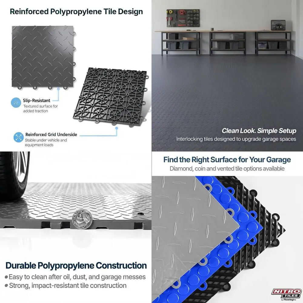 

12 x 12 Heavy-Duty Interlocking Garage Floor Tiles, Diamond Pattern Polypropylene Flooring, Non-Slip Snap-Together System, Graph