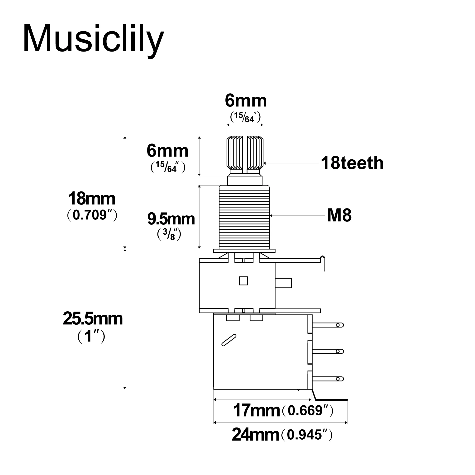 Musiclily Pro Full Brass Metric Coarse 18-Spline Split Shaft Pots Push/Pull Potentiometers for Electric Guitar Bass (Set of 2)