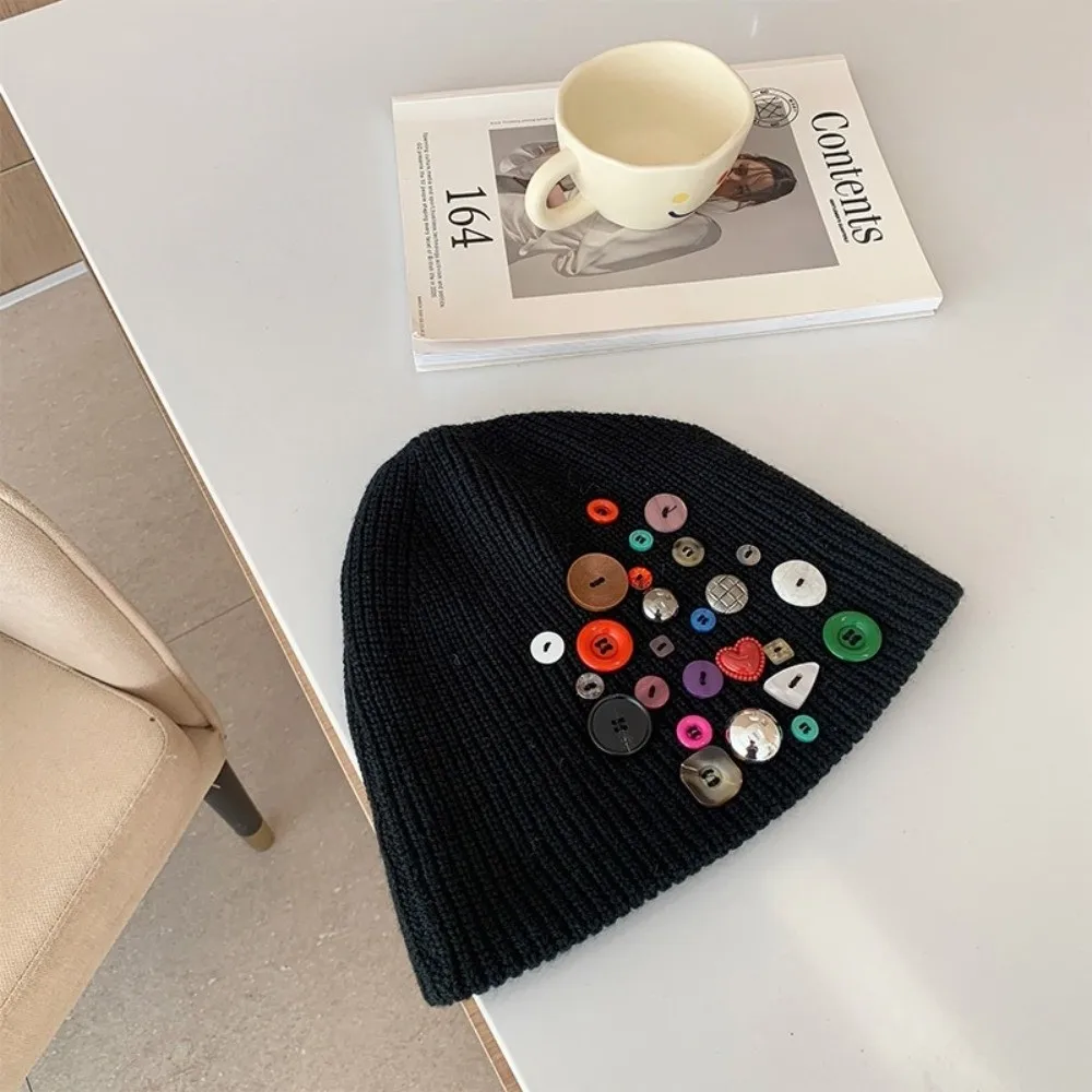 Trendy Colorful Button Beanie Hat Cuffed Elastic Knitted Hat Warm Protection Irregular Button-Decorated Personality Cold Cap