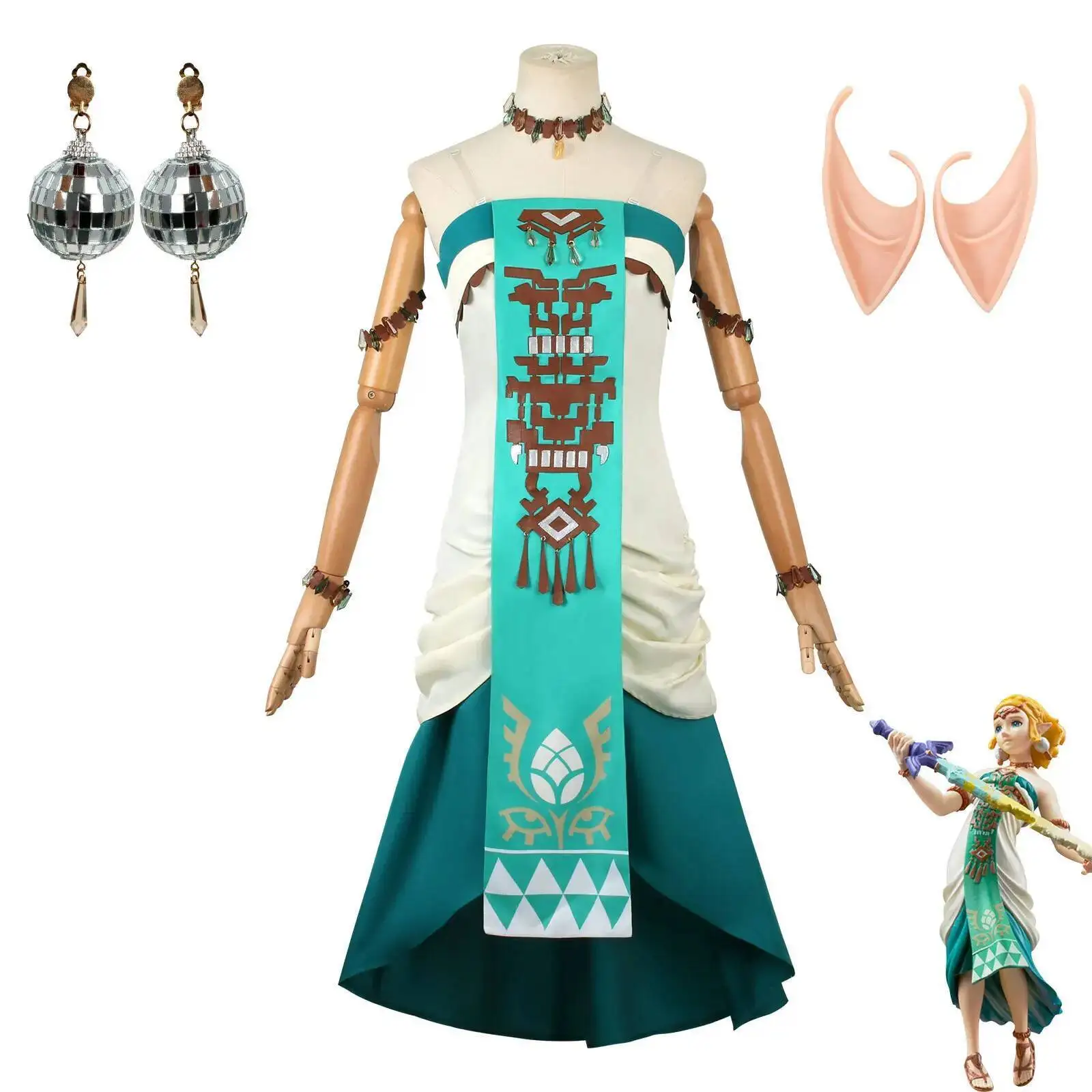 

9 Pcs Cosplay Zelda Princess Dress Role Playing Same Game Halloween Princess Dress Up Suit, White And Green Dress Up Dress