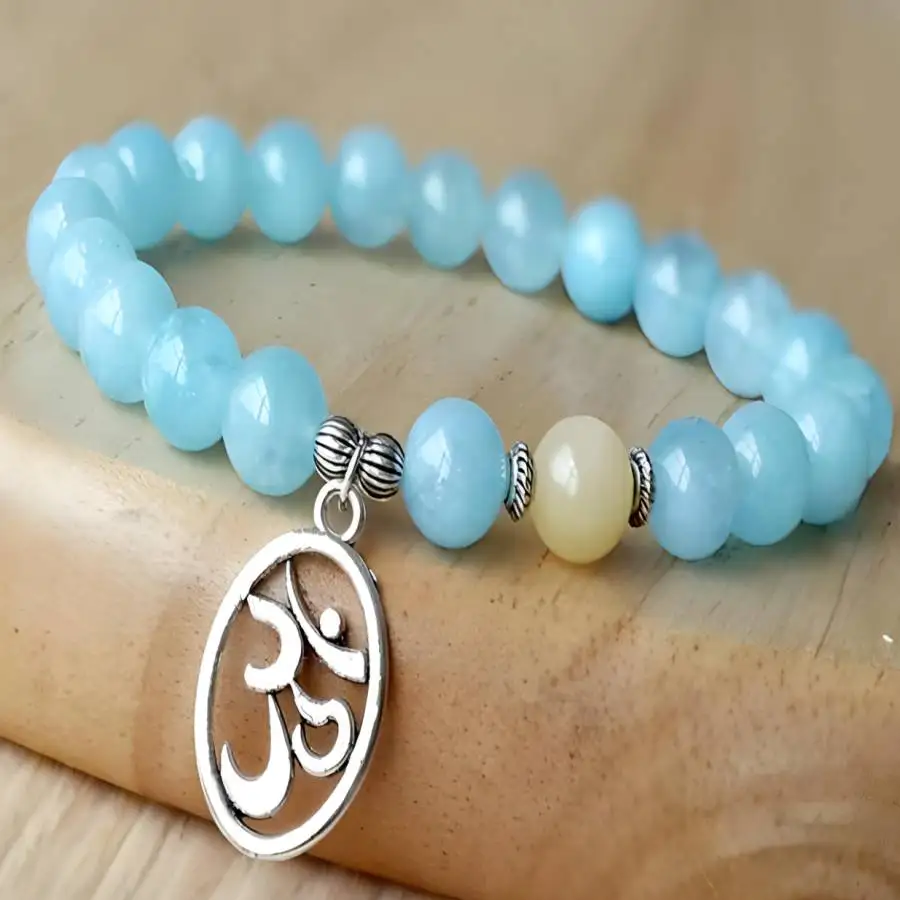 

8mm Natural Aquamarine Mala Bracelet Gemstone Yoga Chaplet tassel Men's Nirvana elastic Bodhi Buddha Natural stone Mala Buddhist