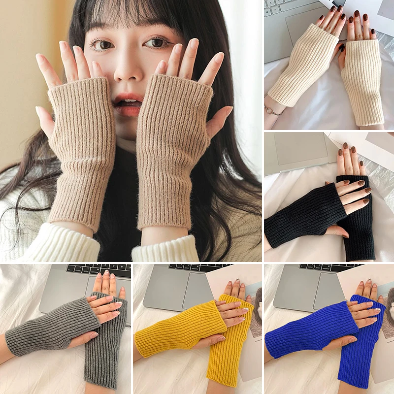 1Pair Winter Women Warm Knitted Wool Half-Finger Gloves Solid Color Cold-Proof Elastic Fingerless Wrist Arm Writting Mittens